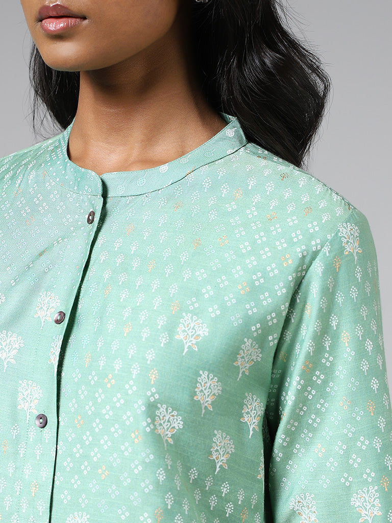 Zuba Sea Green Printed Cotton Blend Buttoned Down Kurta