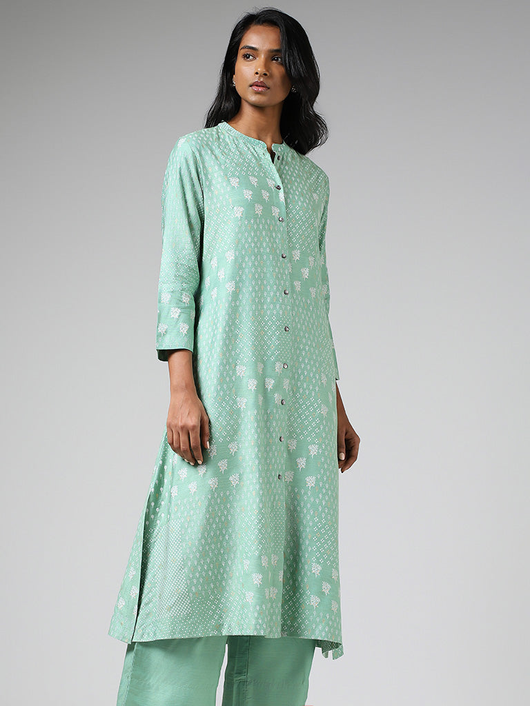 Zuba Sea Green Printed Cotton Blend Buttoned Down Kurta