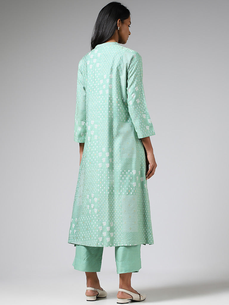 Zuba Sea Green Printed Cotton Blend Buttoned Down Kurta