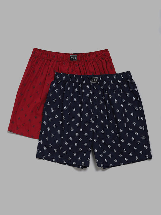 WES Lounge Printed Navy Blue & Red Cotton Boxers - Pack of 2