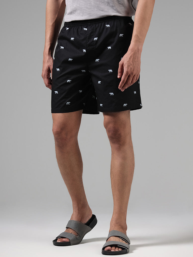 WES Lounge Black Animal Printed Cotton Short Boxers