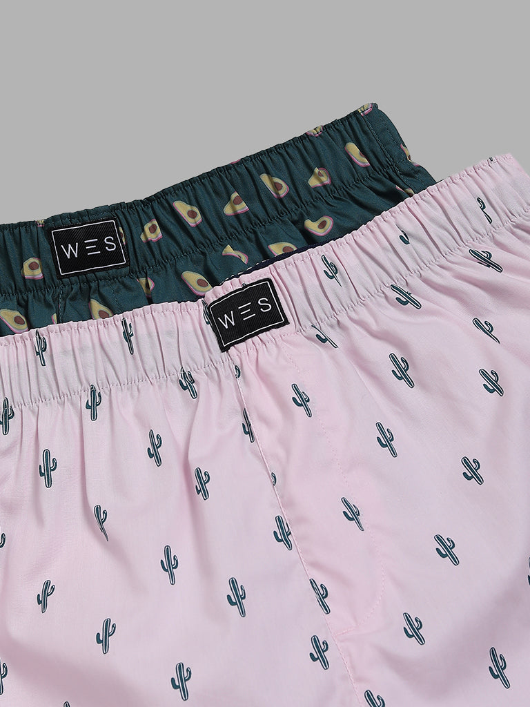 WES Lounge Pink & Green Cactus Printed Cotton Boxers - Pack of 2