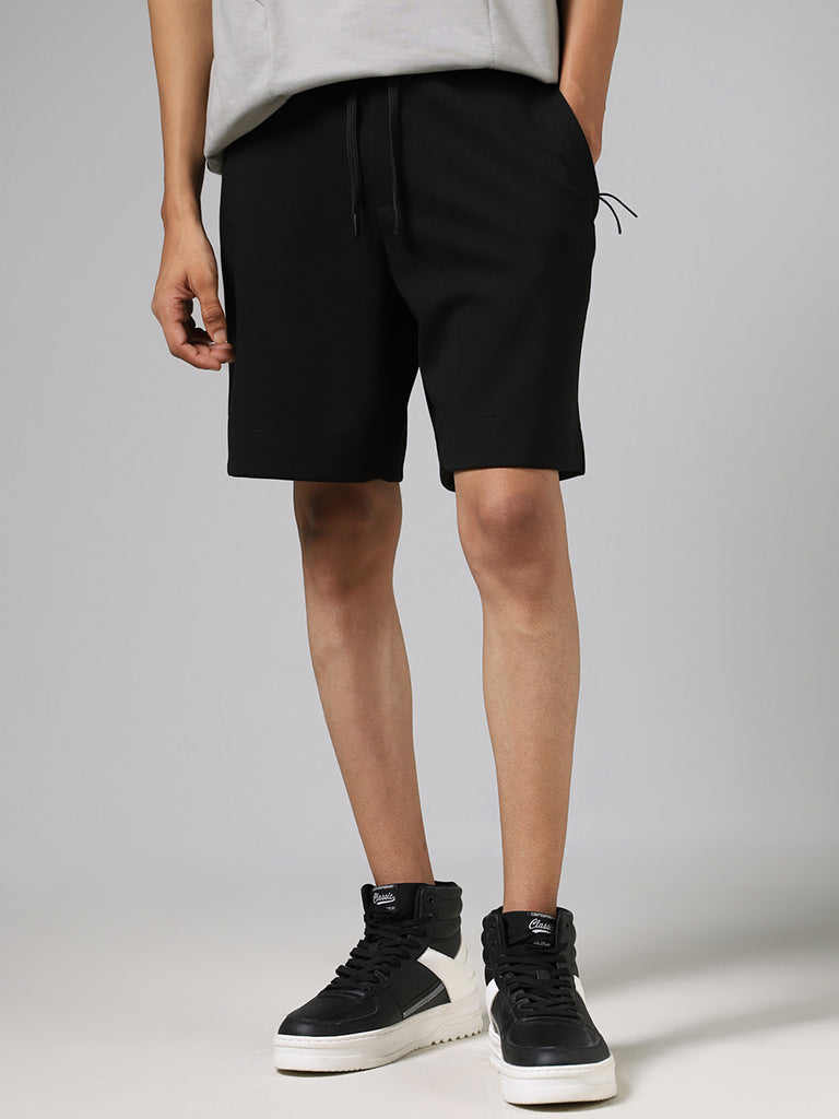 Studiofit Solid Black Relaxed-Fit Mid-Rise Shorts