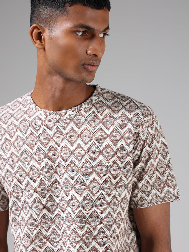 ETA Brown Geometric Printed Slim-Fit T-Shirt