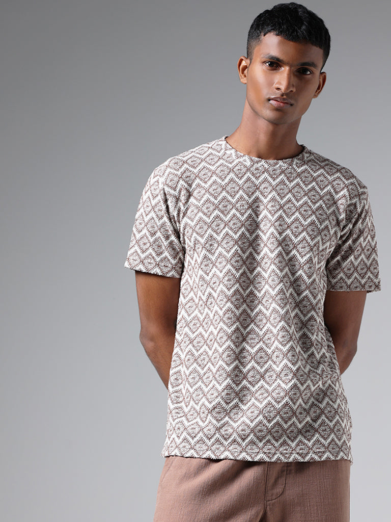 ETA Brown Geometric Printed Slim-Fit T-Shirt