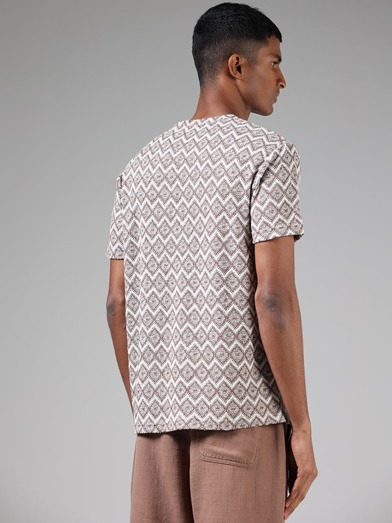 ETA Brown Geometric Printed Slim-Fit T-Shirt