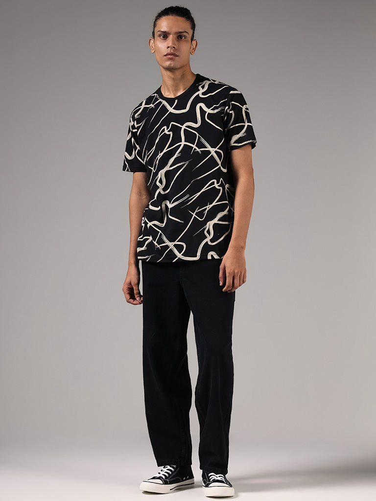 Nuon Black Abstract Printed Cotton Slim-Fit T-Shirt