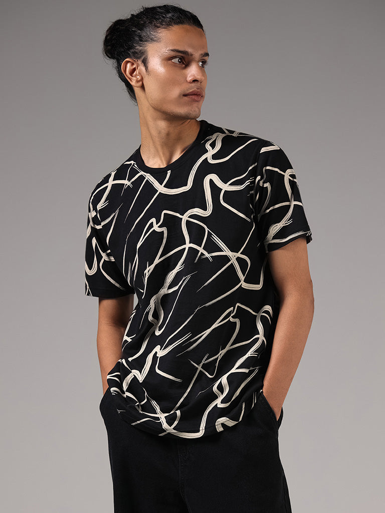 Nuon Black Abstract Printed Cotton Slim-Fit T-Shirt