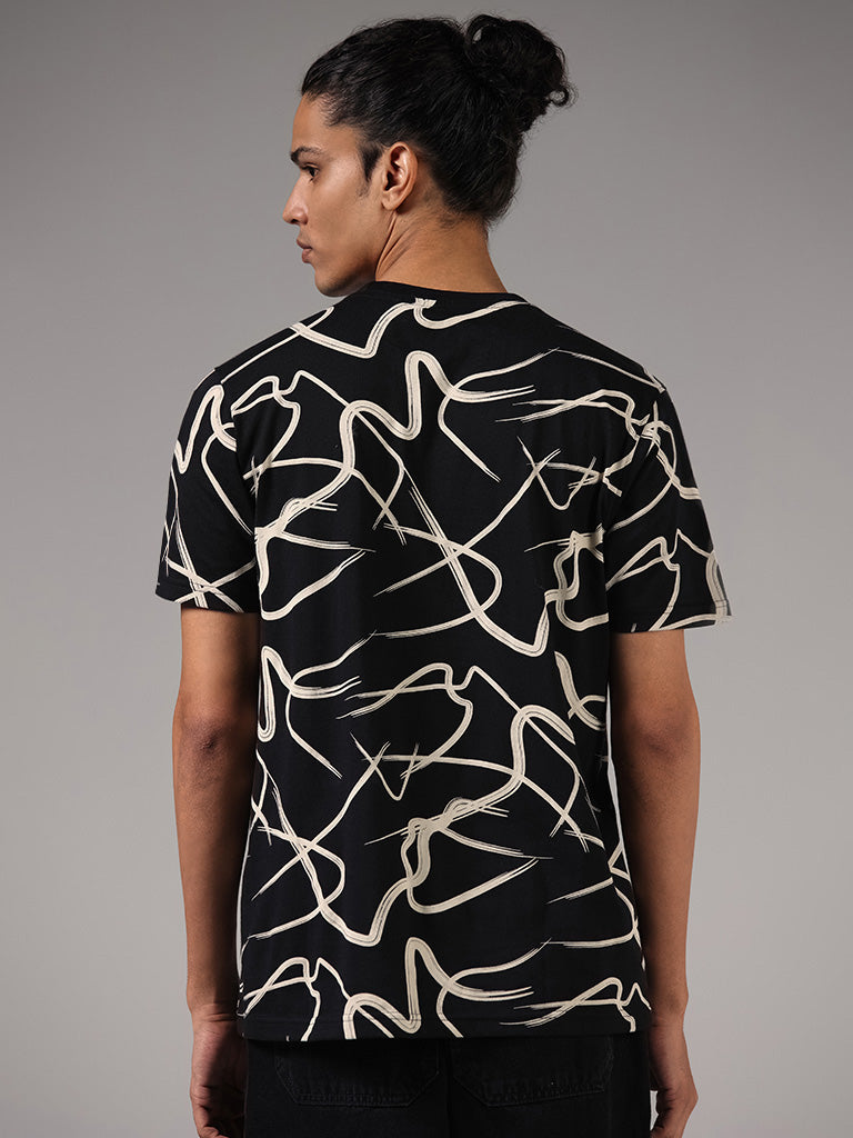 Nuon Black Abstract Printed Cotton Slim-Fit T-Shirt