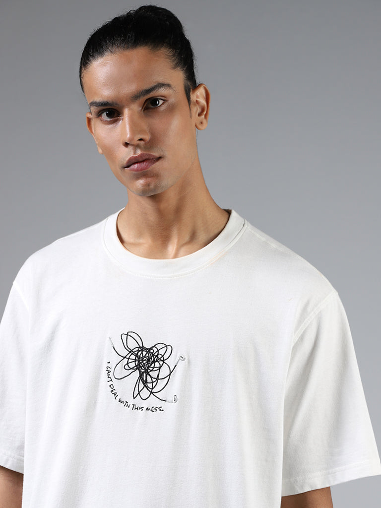 Nuon White Embroidered Cotton Relaxed-Fit T-Shirt