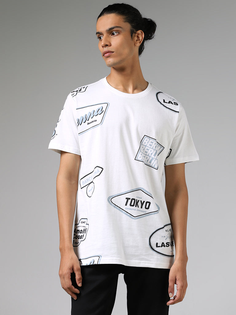 Nuon White Typographic Printed Cotton Slim-Fit T-Shirt