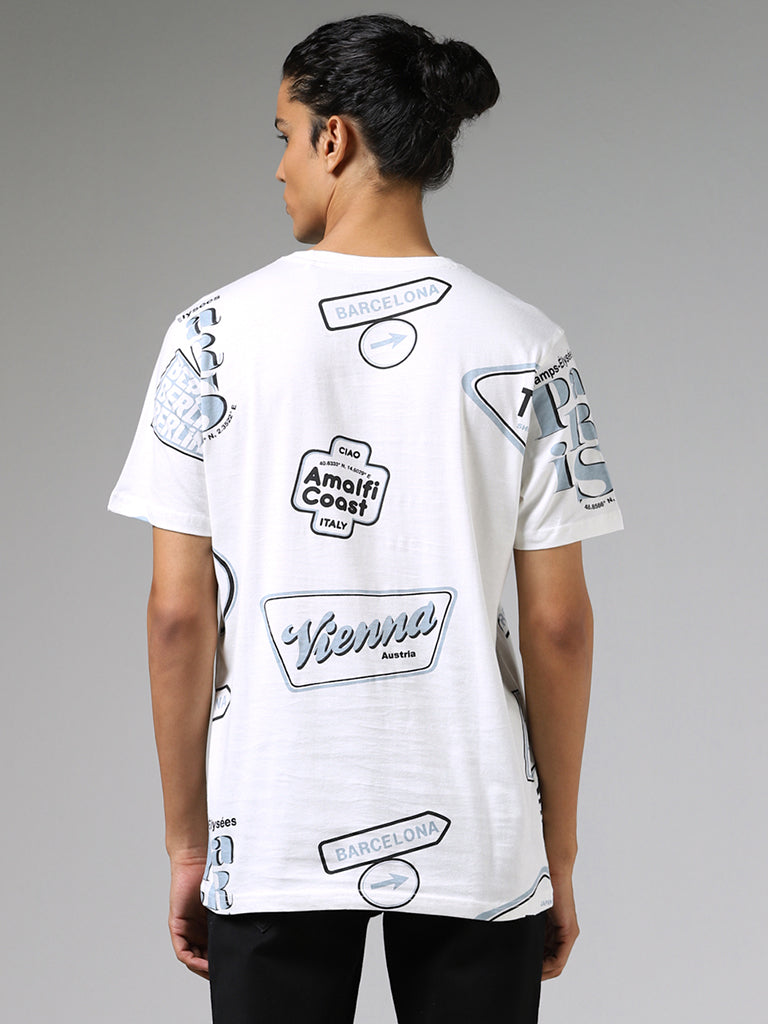 Nuon White Typographic Printed Cotton Slim-Fit T-Shirt