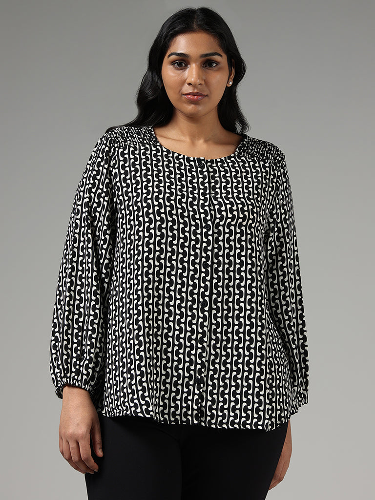 Gia Black Printed Button Down Blouse