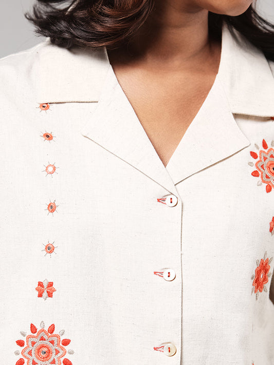 Bombay Paisley Cream Mirror Embroidered Blended Linen Shirt