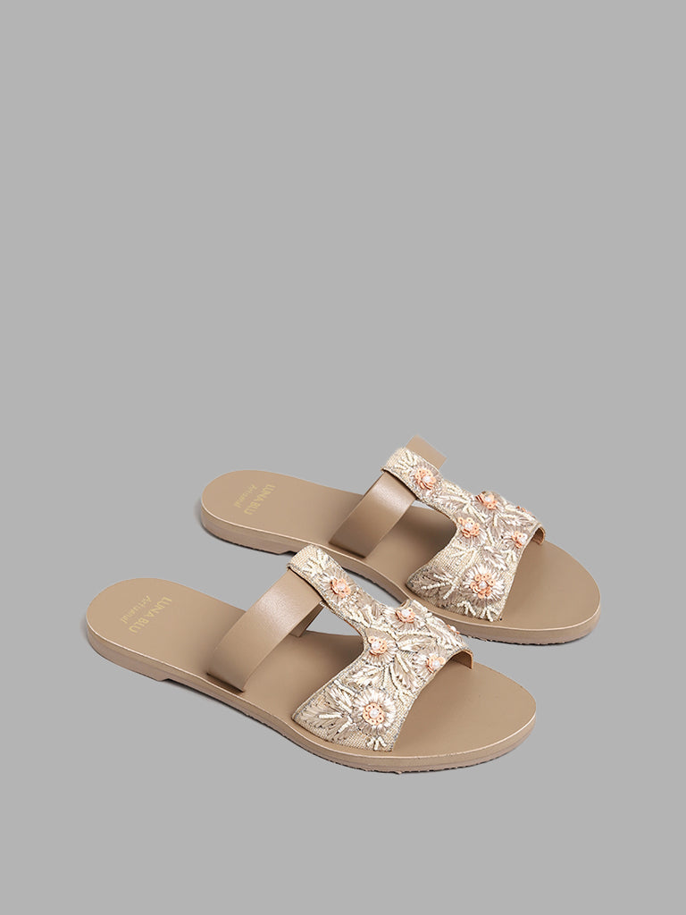 LUNA BLU T-Embroidered Instep Band Beige Sandals