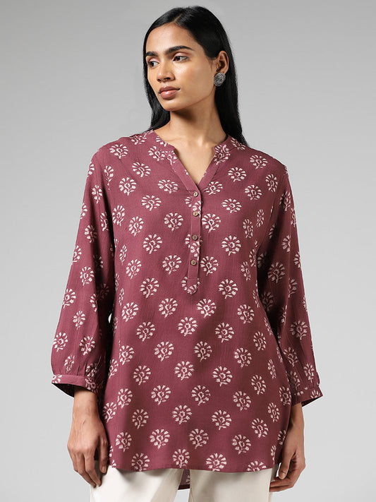 Utsa Dusty Rose Floral Block Printed Kurti