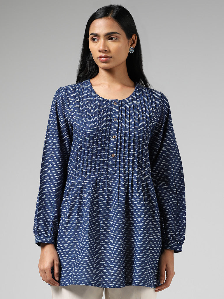 Utsa Indigo Chevron Striped Pin-tucked Kurti