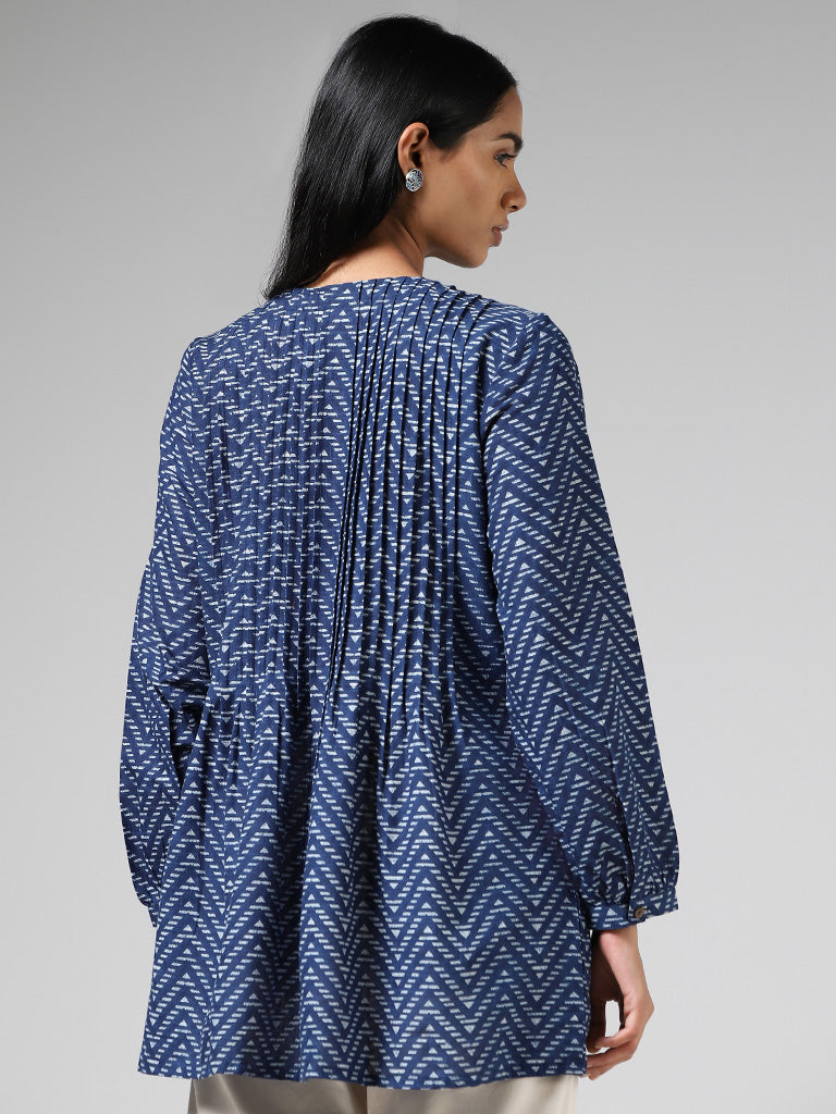 Utsa Indigo Chevron Striped Pin-tucked Kurti