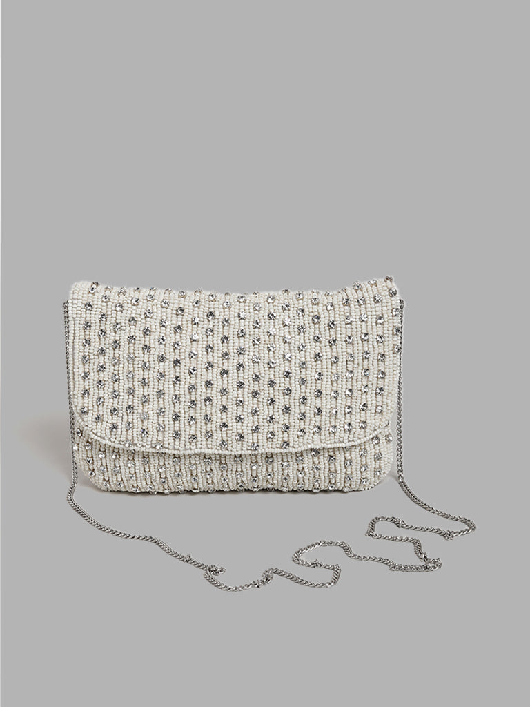 LOV Beaded Silver Embellished Clutch