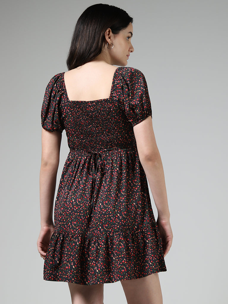 Nuon Ditsy Floral Printed Black Tiered Dress