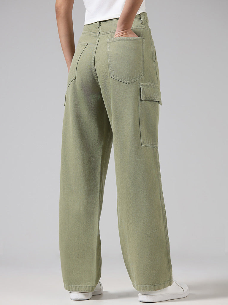 Nuon Solid Sage Green High-Rise Denim Cargo Relaxed Fit Pants