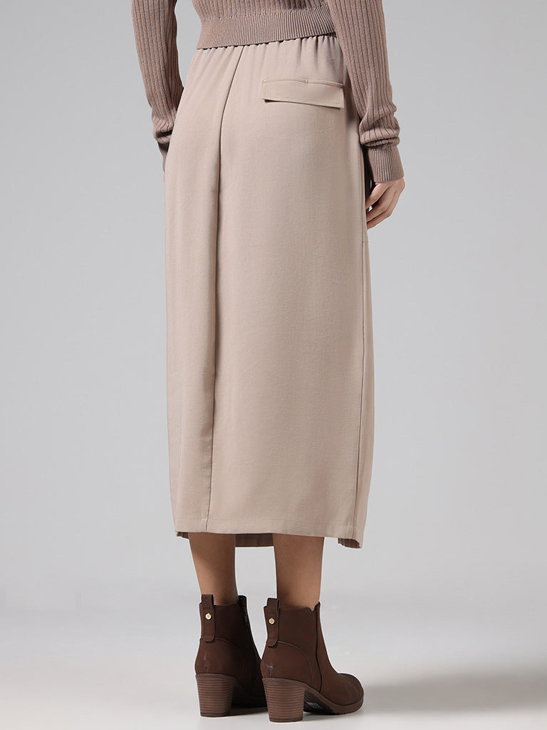 Nuon Solid Beige Front Slit Skirt