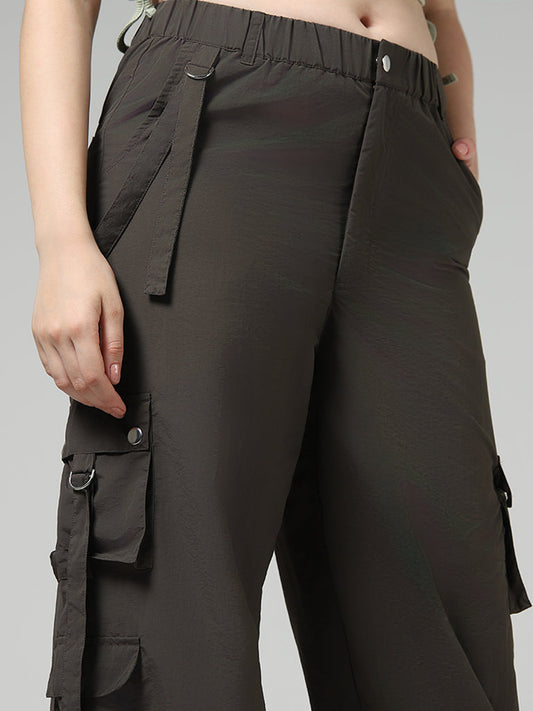 Nuon Dark Brown Flap Accent Parachute Pants