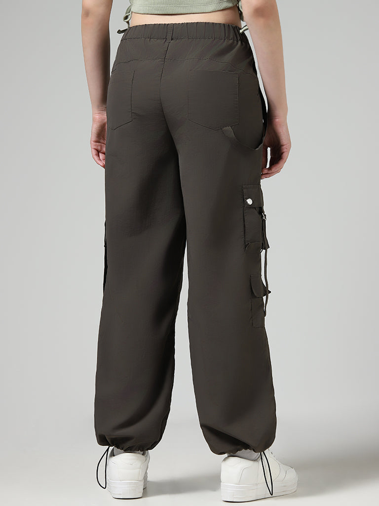 Nuon Dark Brown Flap Accent Parachute Pants