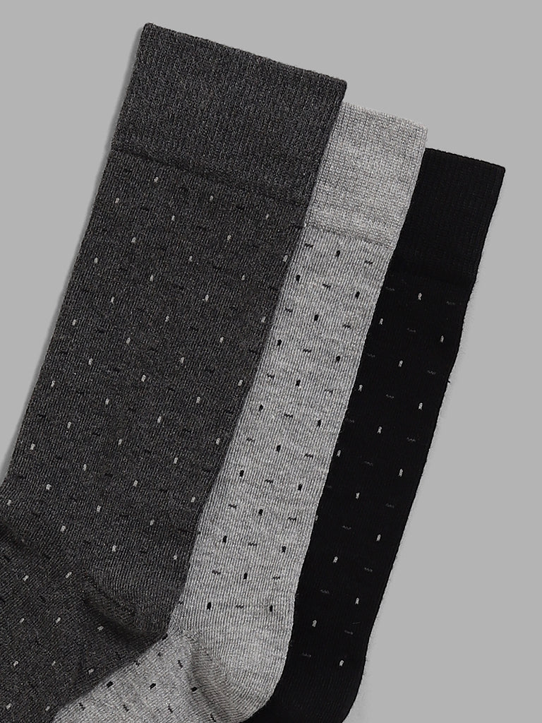 WES Lounge Grey Printed Cotton Blend Full Length Socks - Pack of 3