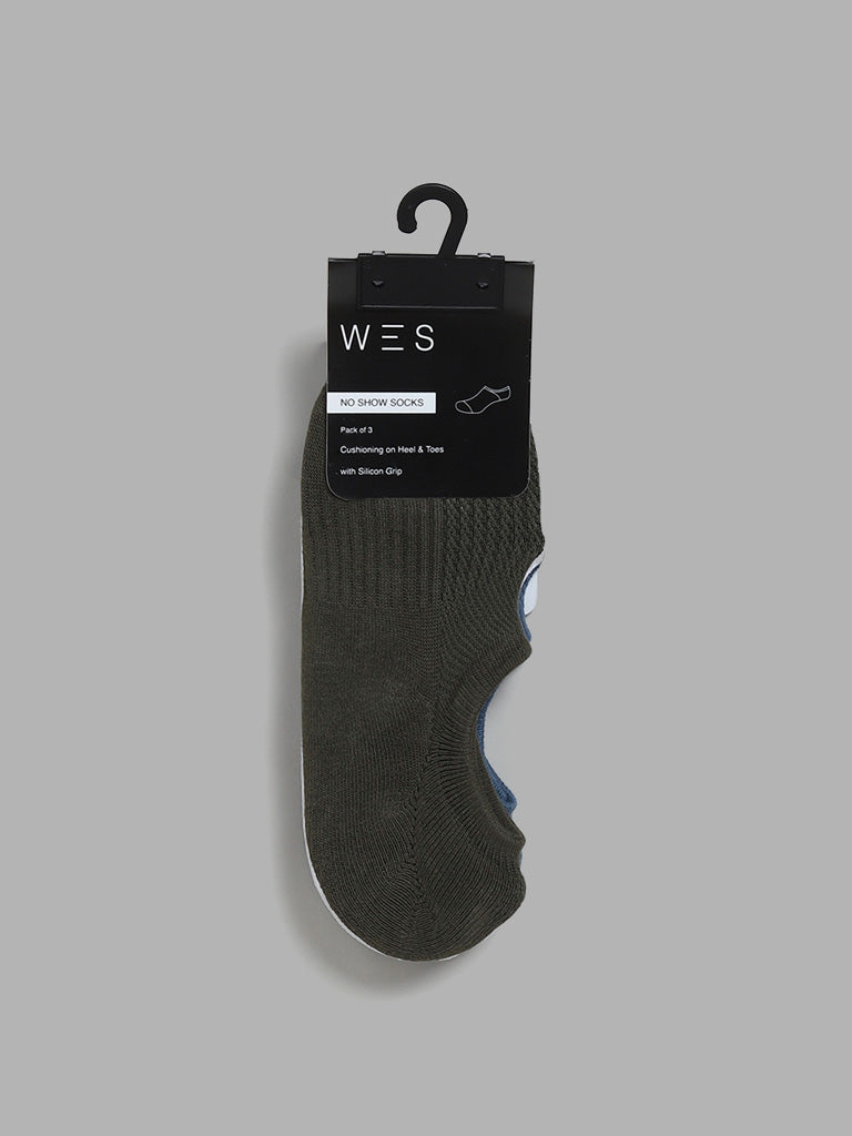 WES Lounge Olive No Show Cotton Blend Socks - Pack of 3