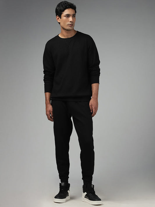 WES Lounge Solid Black Cotton Blend Relaxed-Fit Joggers