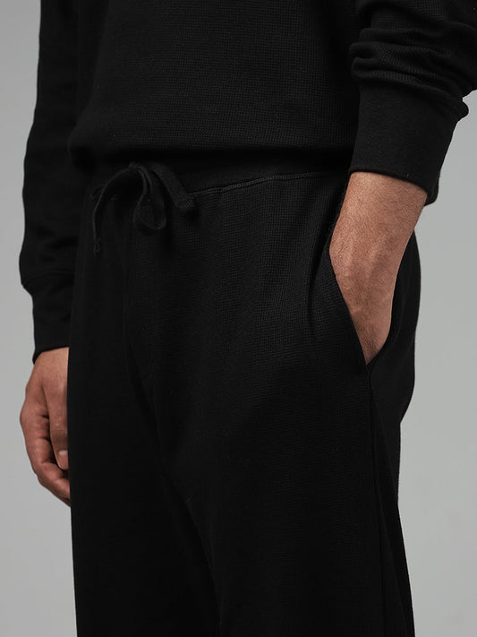 WES Lounge Solid Black Cotton Blend Relaxed-Fit Joggers