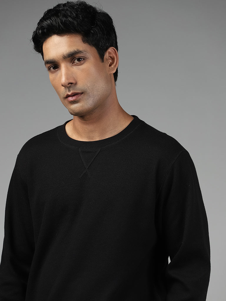 WES Lounge Solid Black Ribbed Sweatshirt