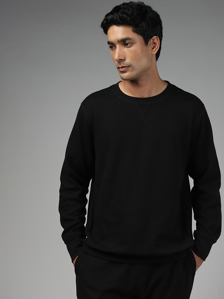 WES Lounge Solid Black Ribbed Sweatshirt