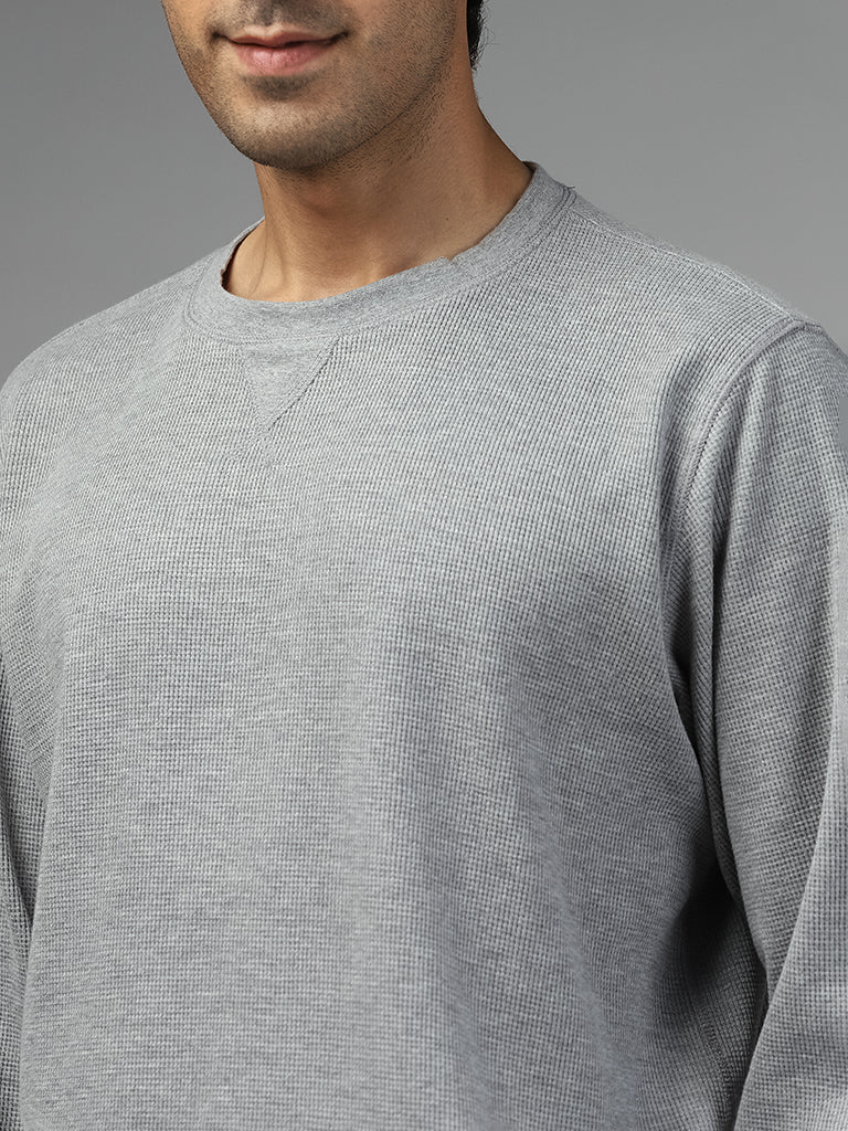 WES Lounge Solid Grey Cotton Blend Relaxed-Fit Sweatshirt