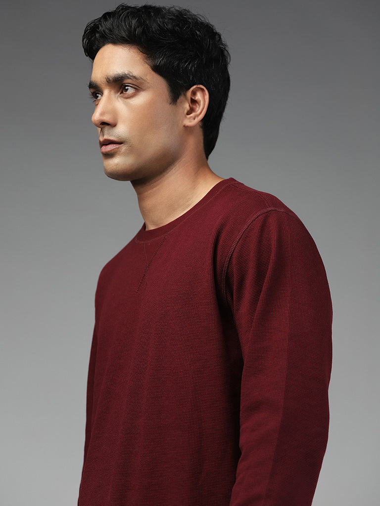 WES Lounge Solid Wine Ribbed Relaxed-Fit Sweatshirt