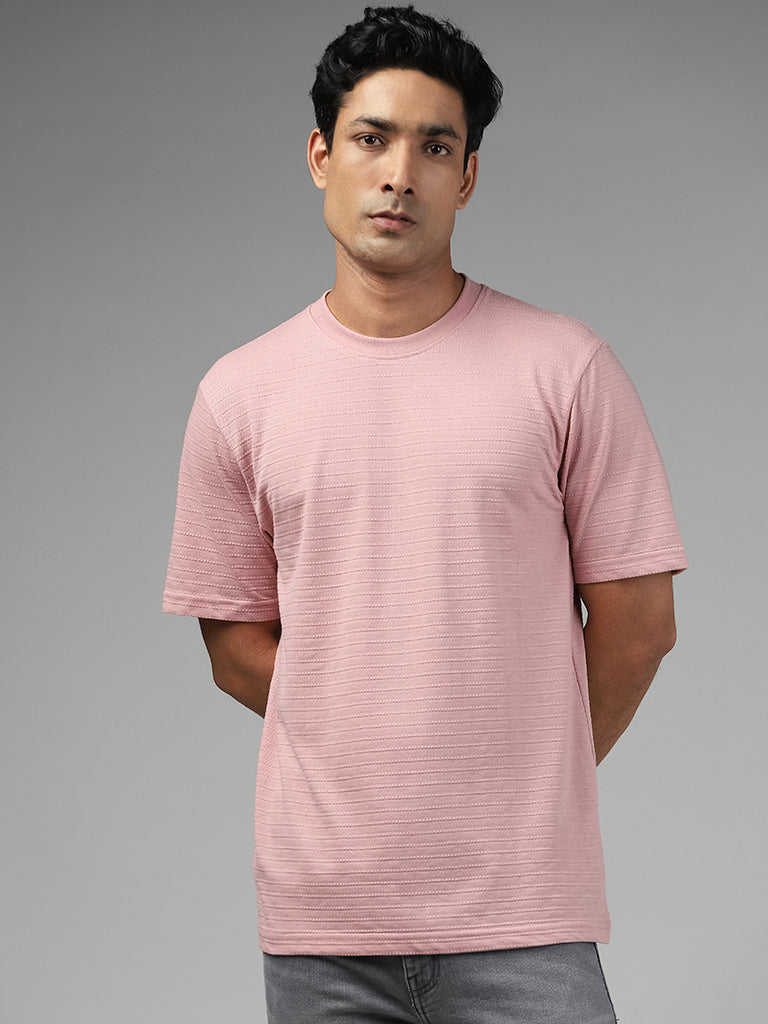 WES Lounge Dobby Patterned Dusty Pink Cotton Blend Relaxed-Fit T-Shirt