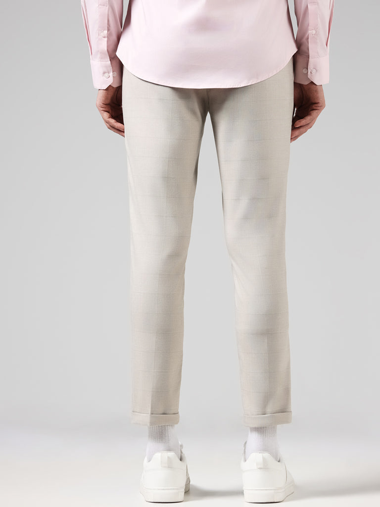 WES Formals Solid Beige Slim-Fit Low-Rise Trousers