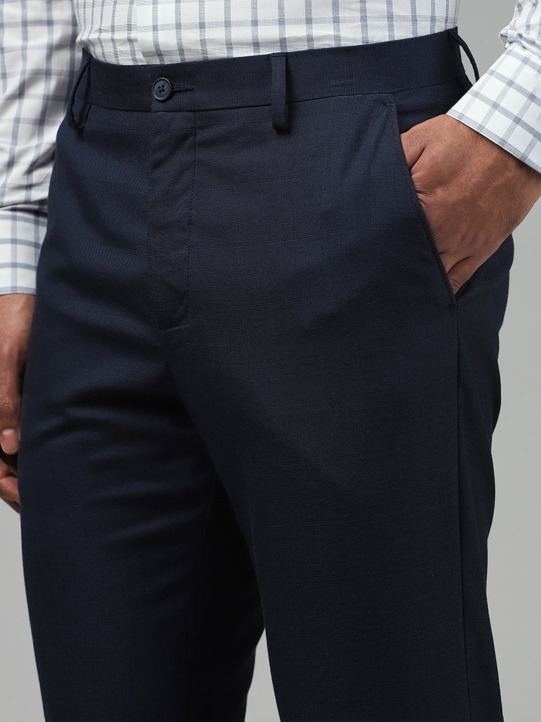 WES Formals Solid Navy Blue Slim-Fit Mid-Rise Trousers