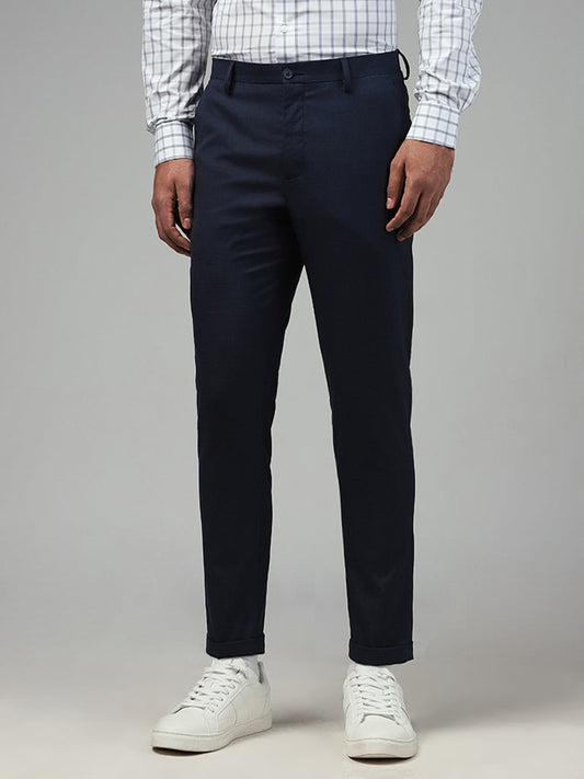 WES Formals Solid Navy Blue Slim-Fit Mid-Rise Trousers