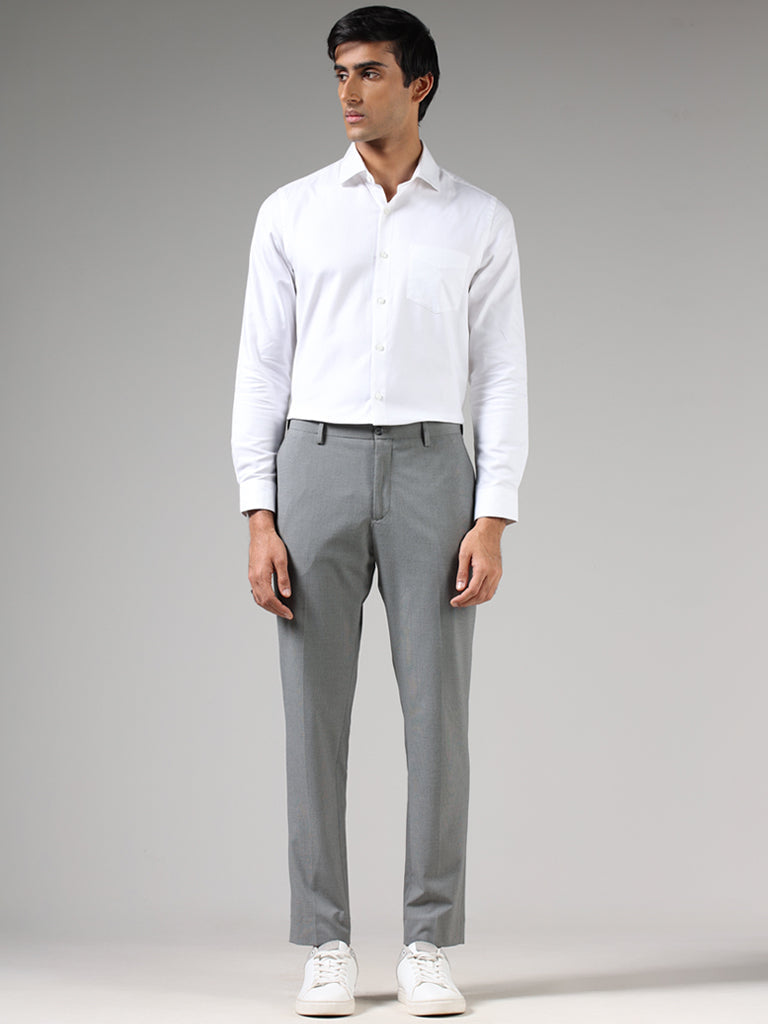 WES Formals Grey Textured Slim-Fit Mid-Rise Trousers