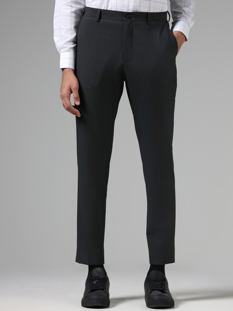 WES Formals Solid Charcoal Slim-Fit Mid-Rise Trousers