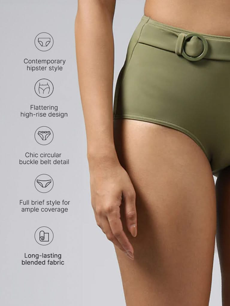 Wunderlove Solid Olive Swimwear Brief With Belt