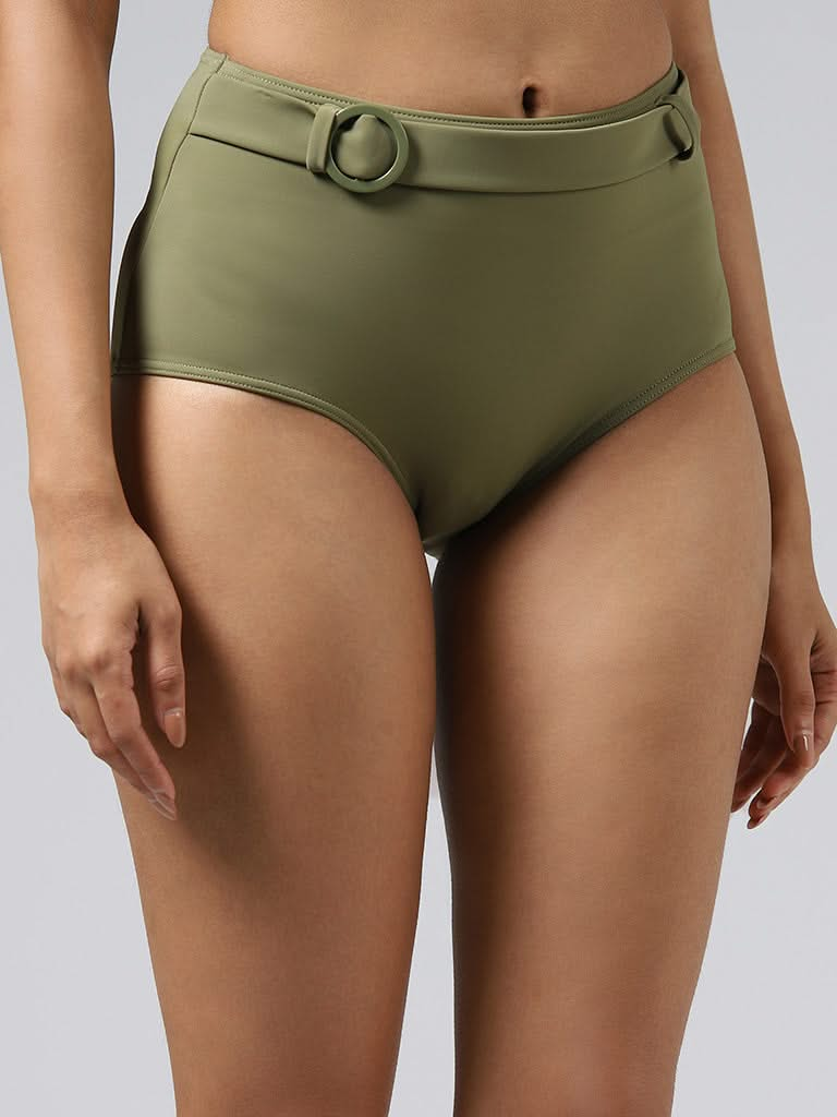 Wunderlove Solid Olive Swimwear Brief With Belt