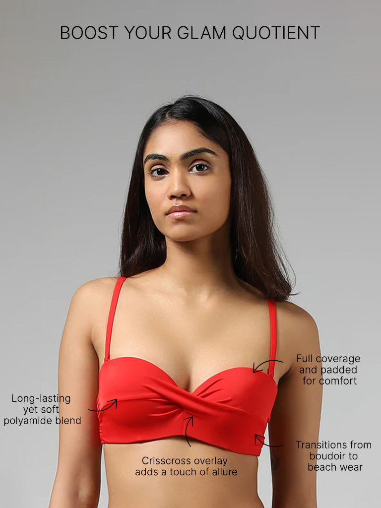 Wunderlove Solid Red Swimwear Bandeau Bra