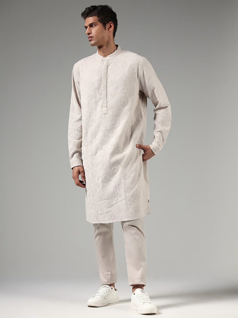 Kala by ETA Taupe Embroidered Blended Linen Kurta