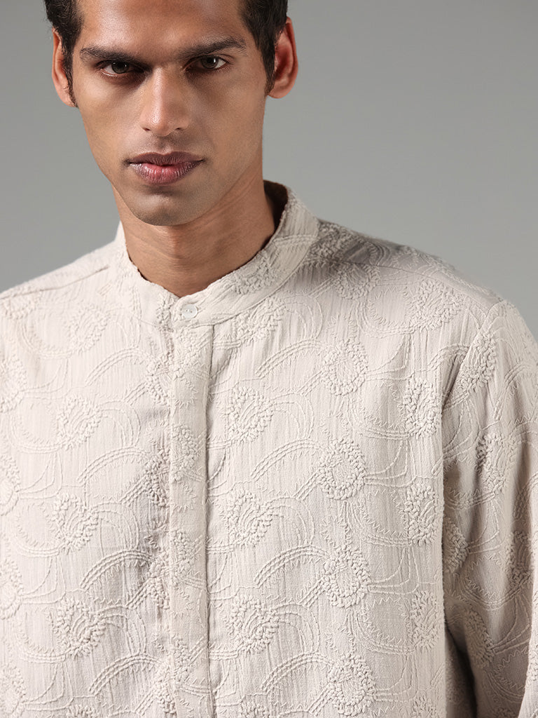 Kala by ETA Taupe Embroidered Blended Linen Kurta