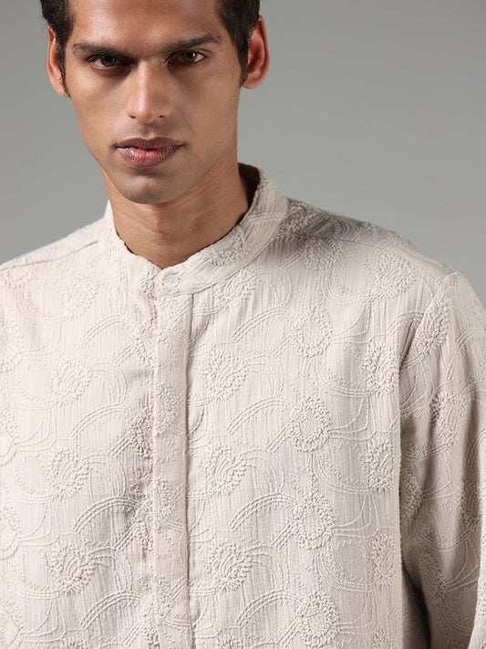 Kala by ETA Taupe Embroidered Blended Linen Kurta