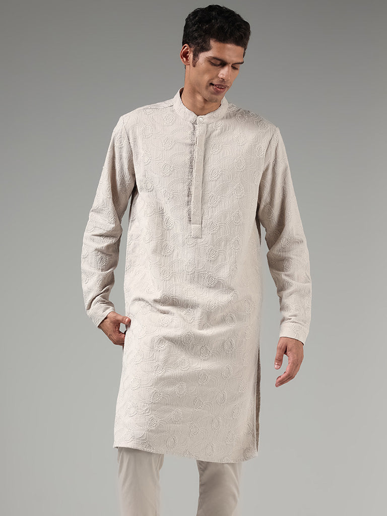 Kala by ETA Taupe Embroidered Blended Linen Kurta