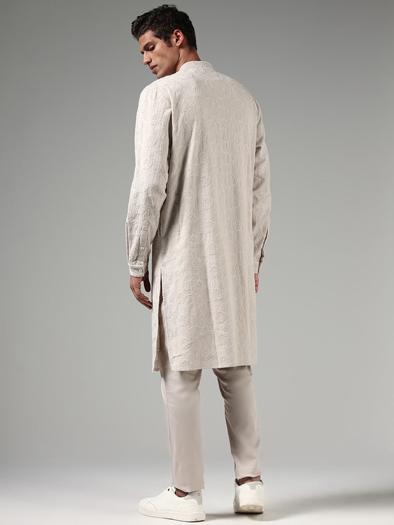 Kala by ETA Taupe Embroidered Blended Linen Kurta